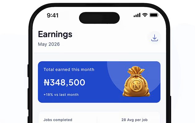 Mobile screen showing earnings for May 2026 with total ₦348,500 earned, 18% increase from last month.
